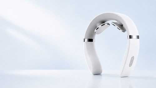 LOFTE Pulse wearable neck massager on the right of a wide pale blue background